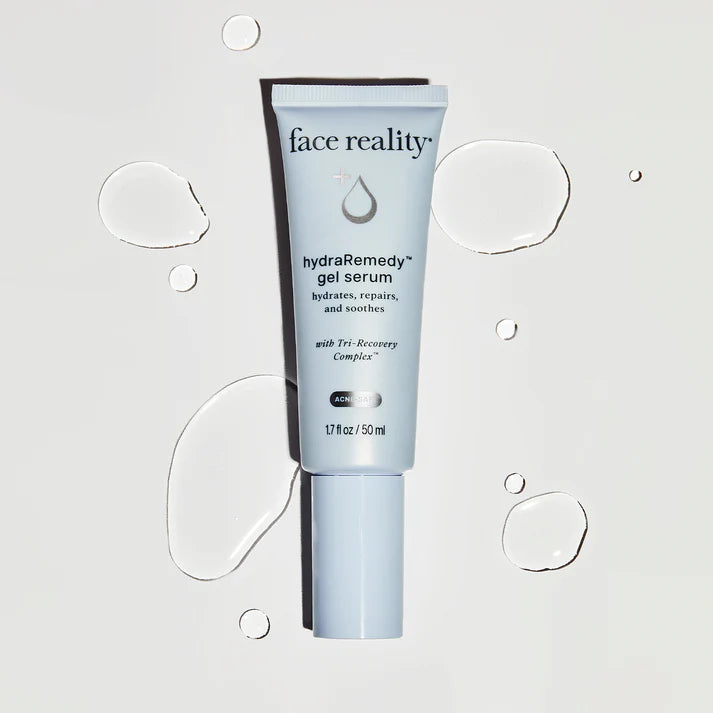 Tube of face reality hydra remedy gel serum on a light gray background with water droplet graphics.