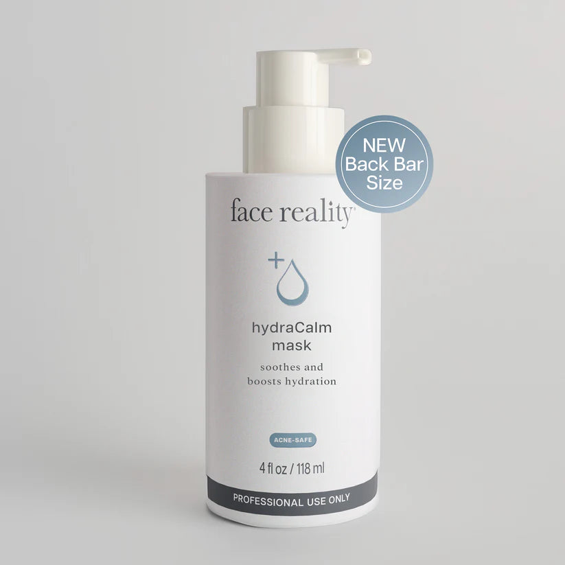 Bottle of 'face reality' hydraCalm mask on a gray background