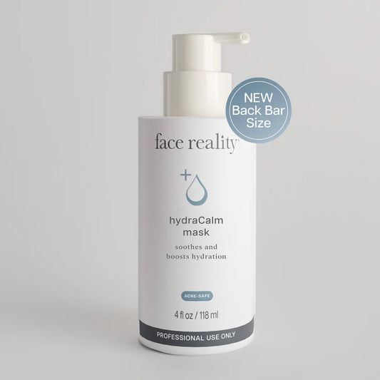 Bottle of 'face reality' hydraCalm mask on a gray background
