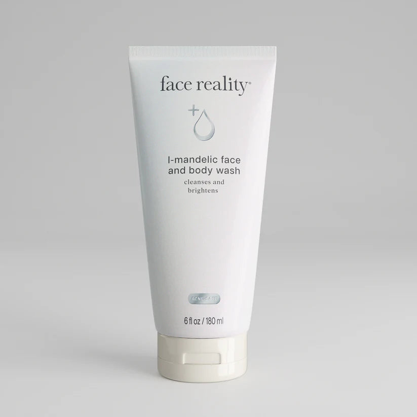 Tube of face reality mandelic face and body wash on a gray background