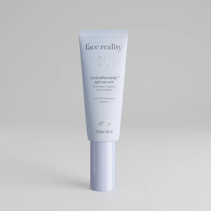 Tube of face reality hydraRemedy gel serum on a gray background