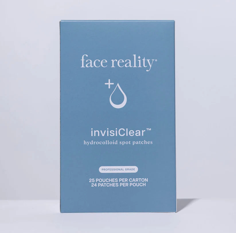 Blue box of face reality invisiclear hydrocolloid spot patches on a light gray background